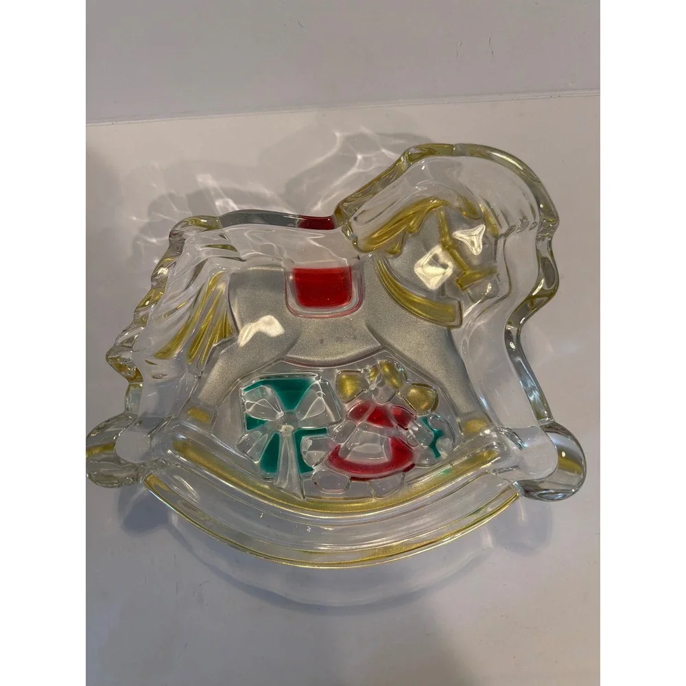 Vintage Christmas Rocking Horse Glass Candy Dish Gold‎ Red Green Holiday Decor